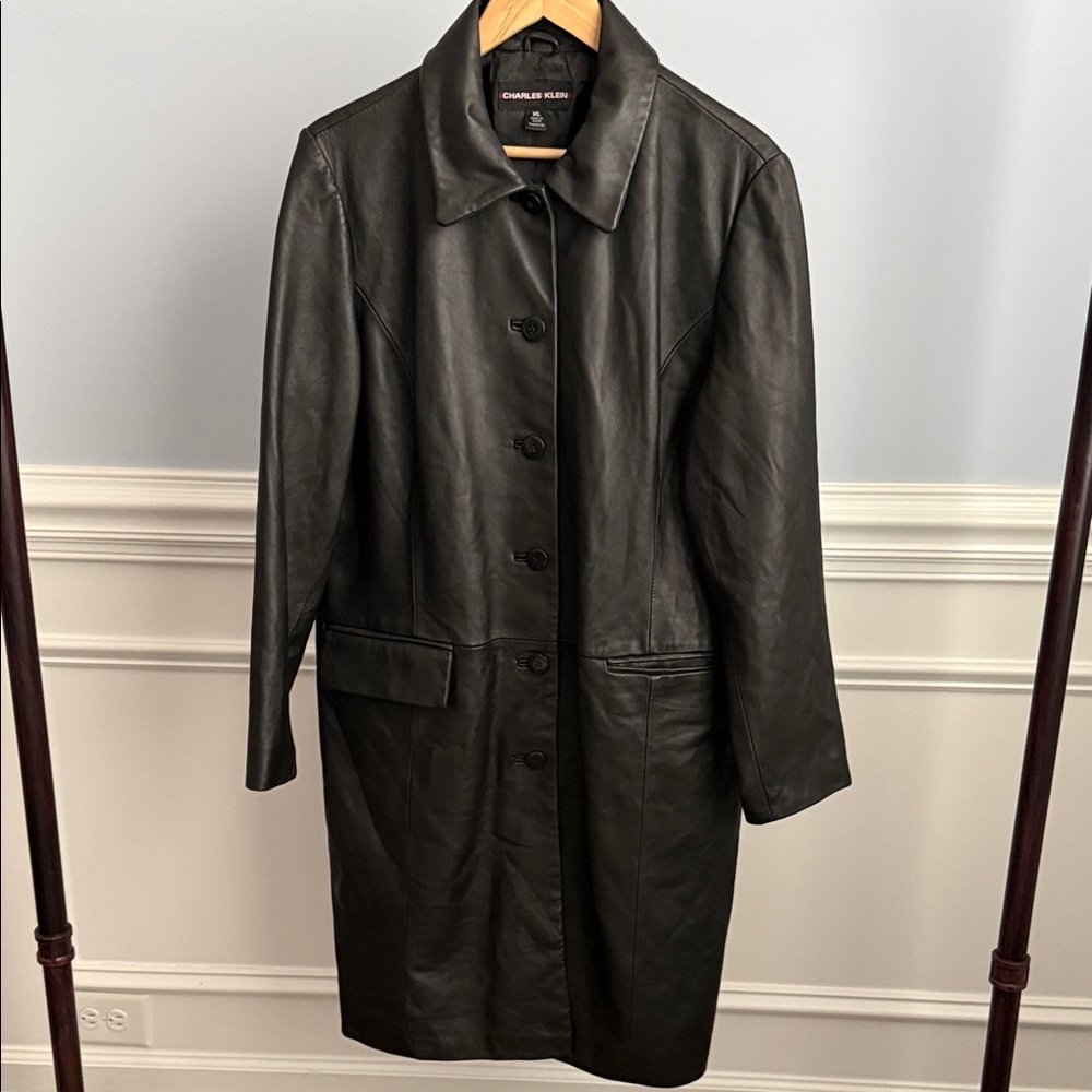 Charles Klein Black Leather Trench Coat Jacket Women's XL Collared Button Up 90s - Picture 2 of 7